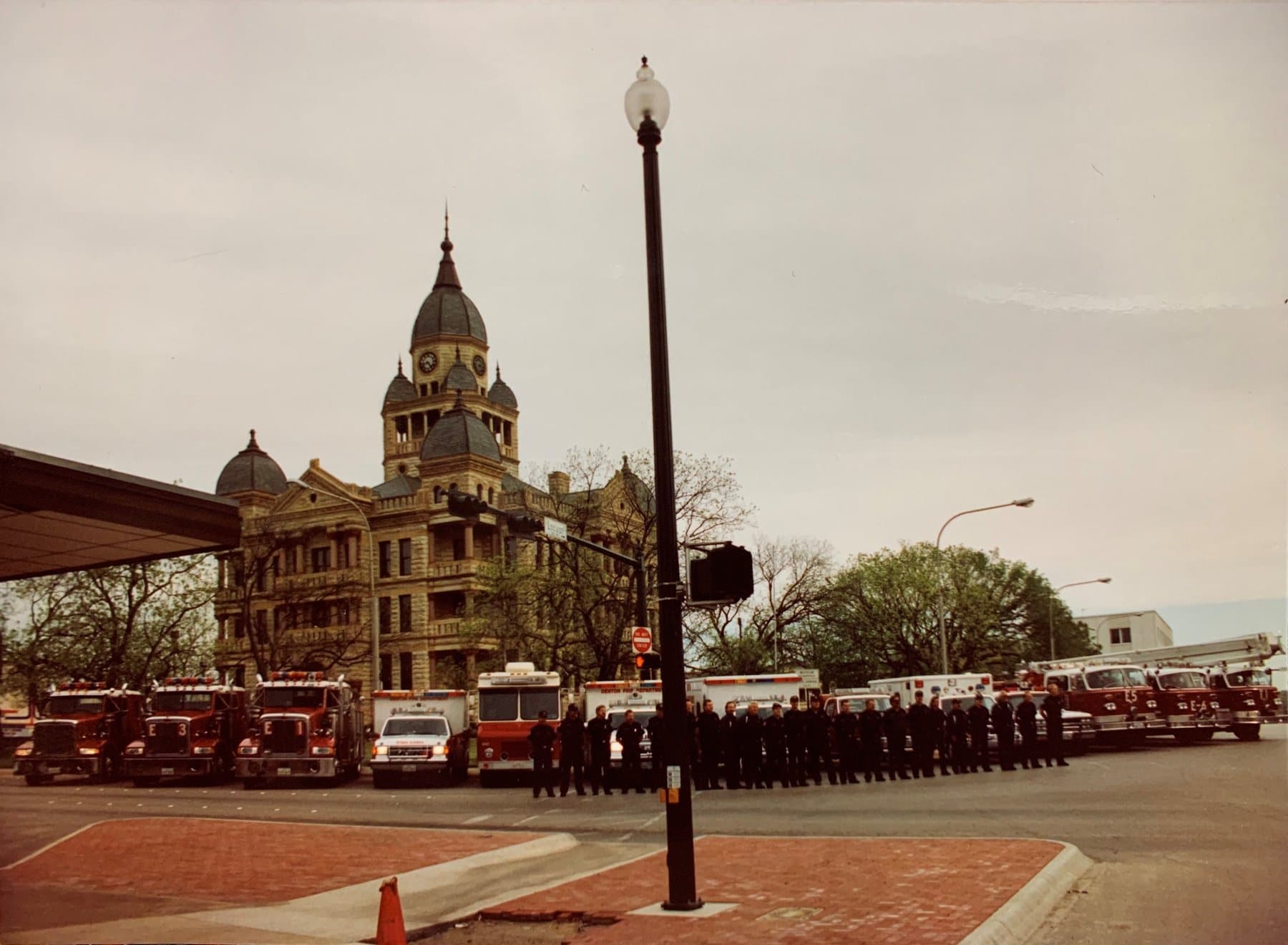 Denton fire apparatus gathered on the Denton square in 1988